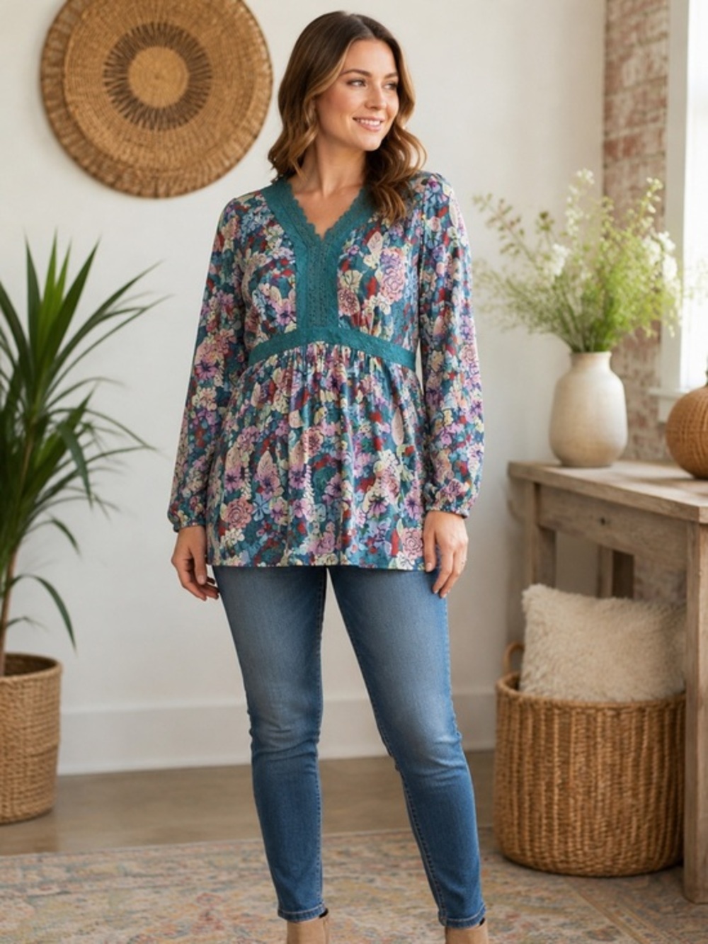 Matilda Jane Teal Floral Crochet Lace Babydoll Tunic Top Boho